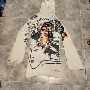 Vintage Rhinestone Y2K Ed Hardy Geisha Japan Dress Hoodie Women’s SZ S AOP RARE